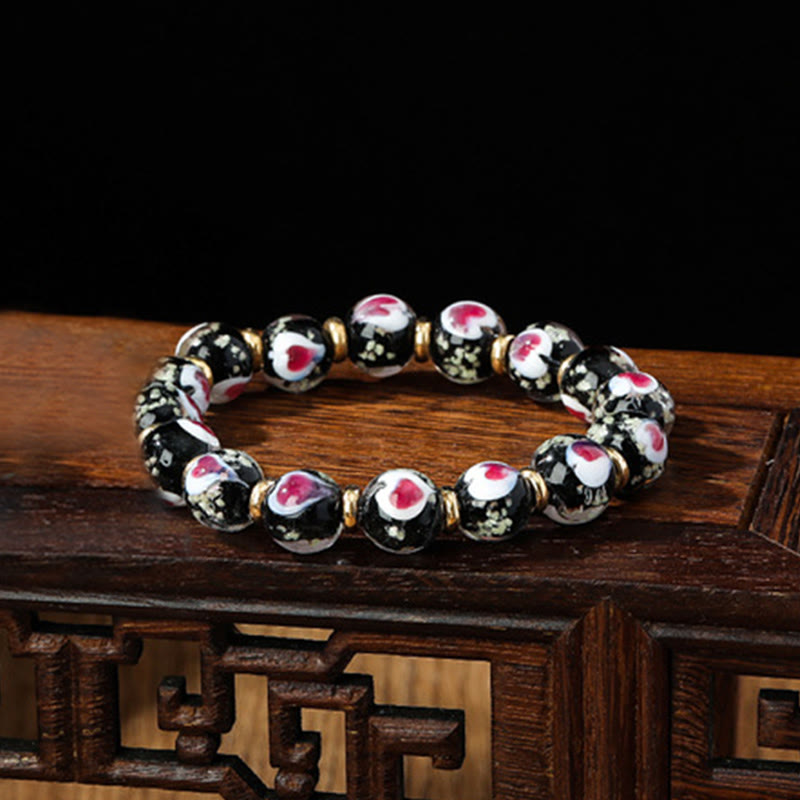 KarmaRipple's Gold Swallowing Beast Family Pink Love Heart Luminous Fluorescent Liuli Glass Bead Bracelet p8