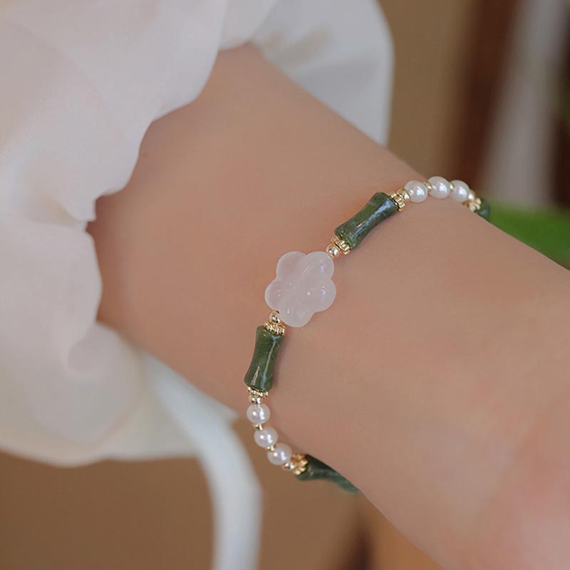 KarmaRipple's Peridot Bamboo Flower Agate Pearl Peace Bracelet p6