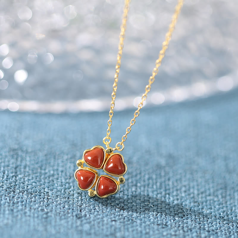 KarmaRipple's 925 Sterling Silver Four Leaf Clover Ivory Jade Red Agate Abundance Pendant Necklace p2