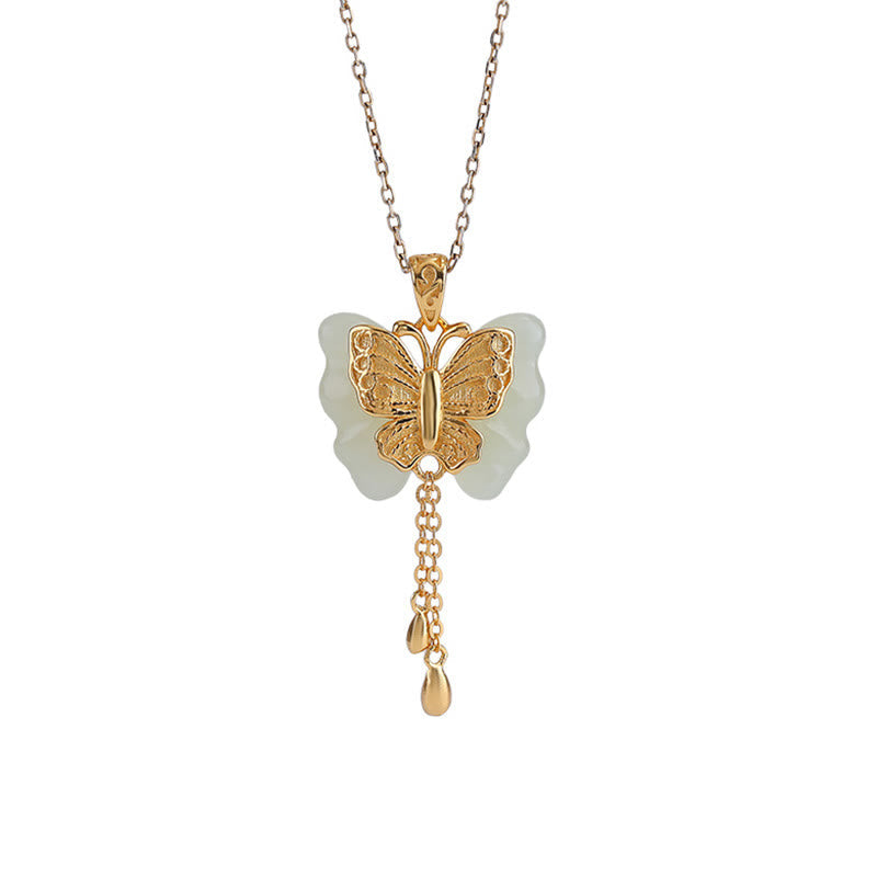 KarmaRipple's 925 Sterling Silver Plated Gold Hetian Ivory Jade Butterfly Blessing Pendant Necklace p7