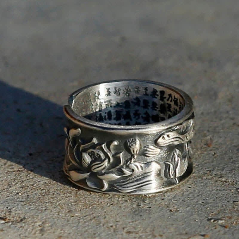 KarmaRipple's 999 Sterling Silver Fortune Koi Fish Lotus Heart Sutra Wealth Ring p6