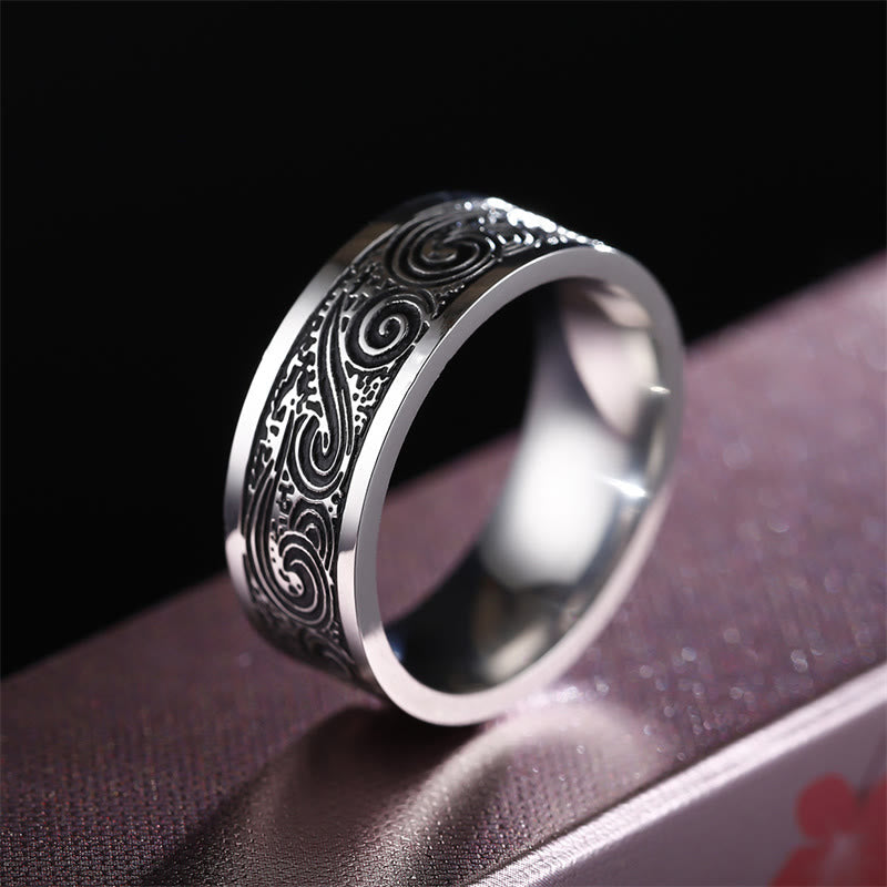 KarmaRipple's Vintage Wave Auspicious Clouds Engraved Pattern Titanium Steel Balance Ring p3