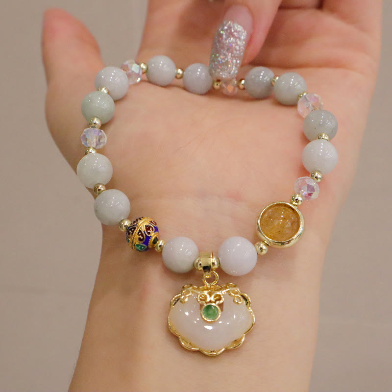 KarmaRipple's Strawberry Quartz Green Gemstone Amethyst Balancing Chinese Lock Talisman Bracelet p14
