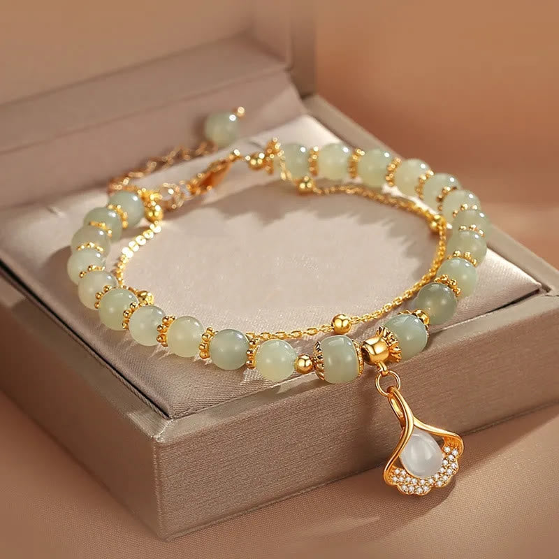 KarmaRipple's Jade Leaf Ginkgo Tulip Peanut Fu Character Fortune Beaded Bracelet p16
