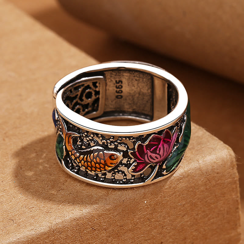 KarmaRipple's Bronze Blue Enamel Lotus Heart Sutra Koi Fish Fortune Ring p9
