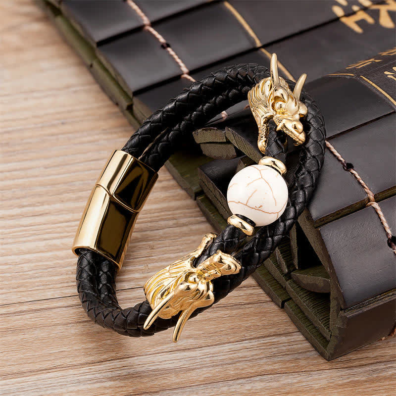 KarmaRipple's Double Dragon Head Leather Stone Titanium Steel Success Bracelet ( p4