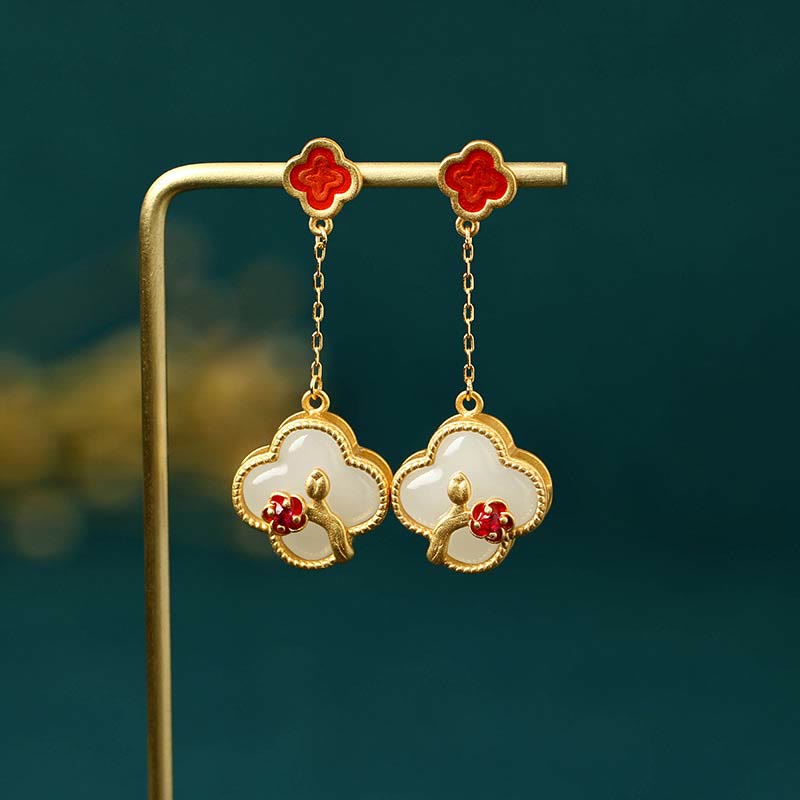 KarmaRipple's 24K Gold Plated Ivory Jade Four Leaf Clover Plum Blossom Fortune Pendant Necklace Earrings p15