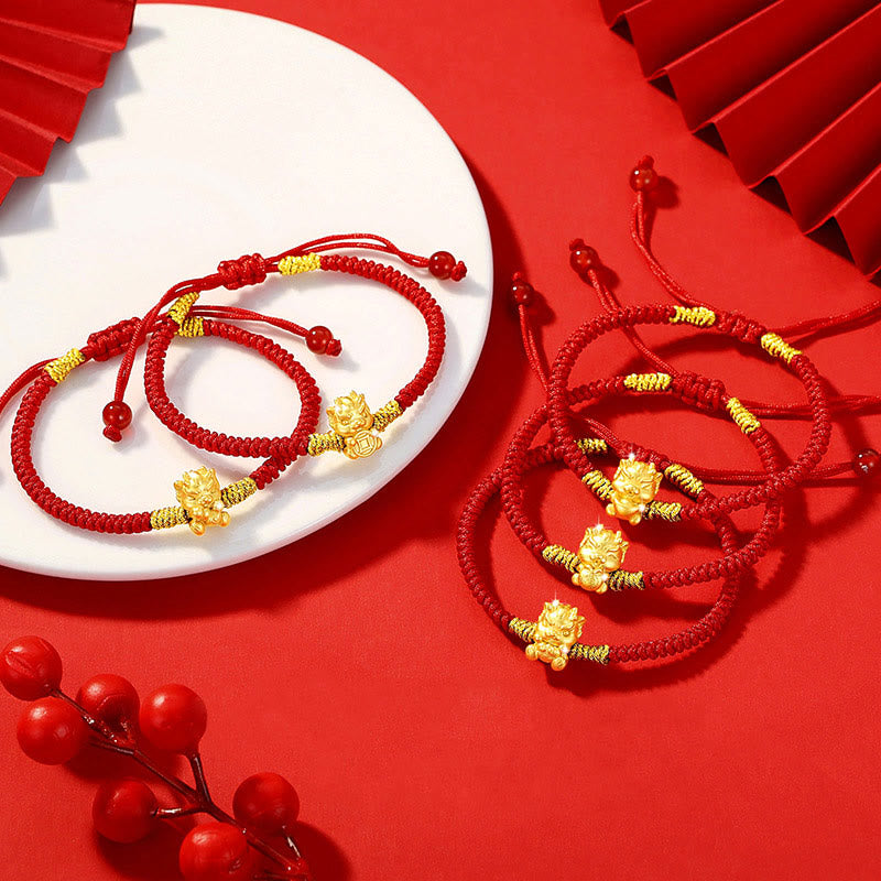 KarmaRipple's 999 Sterling Silver Year of the Dragon Bronze Coin Fortune Dragon Fu Character Fortune Handcrafted Red String Woven Bracelet p9