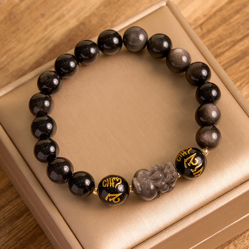 KarmaRipple's Authentic Silver Sheen Obsidian Black Obsidian Om Mani Padme Hum Pixiu Protection Bracelet p2