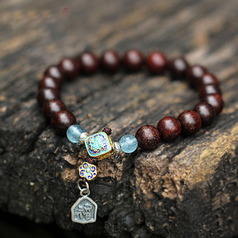 KarmaRipple's 925 Sterling Silver Indian Small Leaf Red Sandalwood Aquamarine Full of Gold Star Chinese Knotting Blessing Bracelet p2