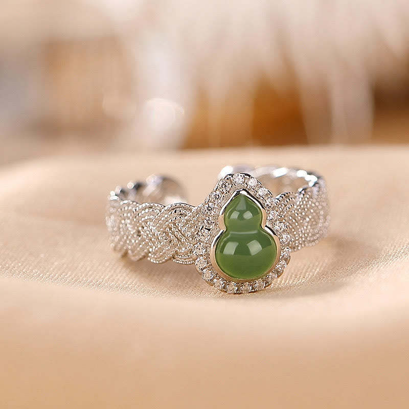 KarmaRipple's 925 Sterling Silver Plated Gold Authentic Hetian Cyan Jade Gourd Fortune Bracelet Ring Set p5