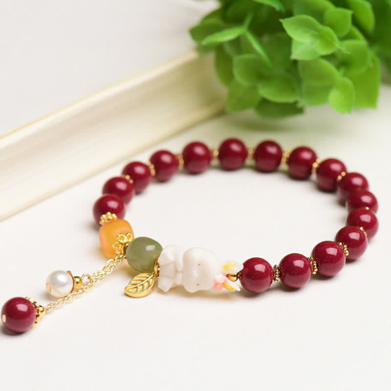 KarmaRipple's Year of the Rabbit Cinnabar Hetian Jade Bunny Beaded Blessing Bracelet p7