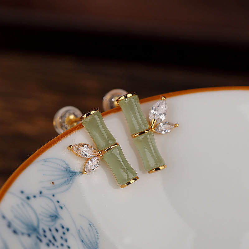 KarmaRipple's 925 Sterling Silver Hetian Cyan Jade Ivory Jade Red Agate Bamboo Pattern Fortune Stud Earrings p6