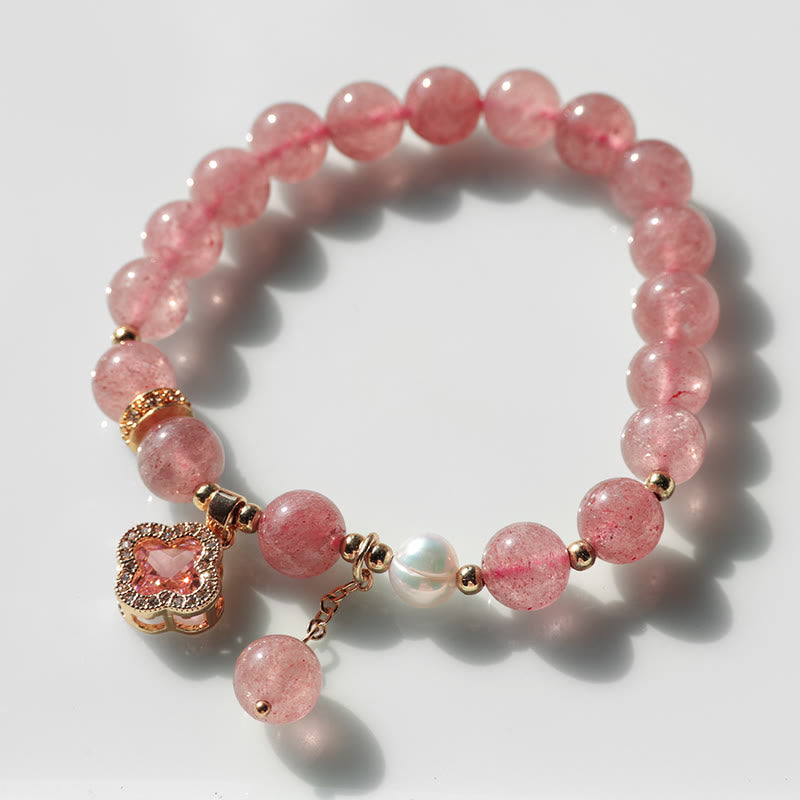 KarmaRipple's Strawberry Quartz Pearl Four Leaf Clover Talisman Balancing Bracelet p9
