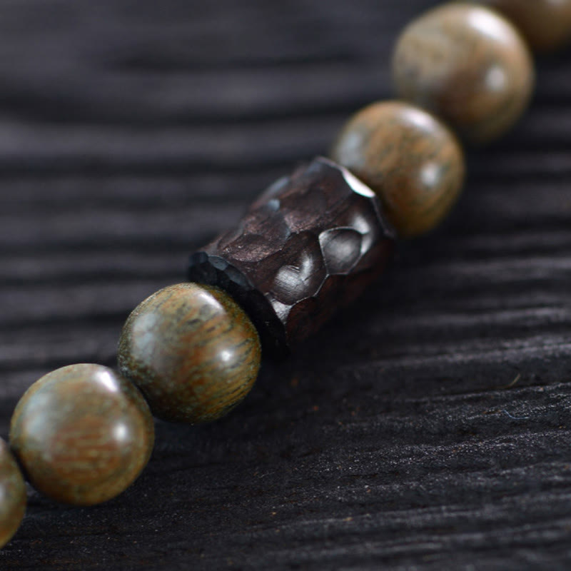 KarmaRipple's Tibetan Green Sandalwood Ebony Wood Three-eyed Dzi Bead Fu Character Balance Peace Double Wrap Bracelet p9