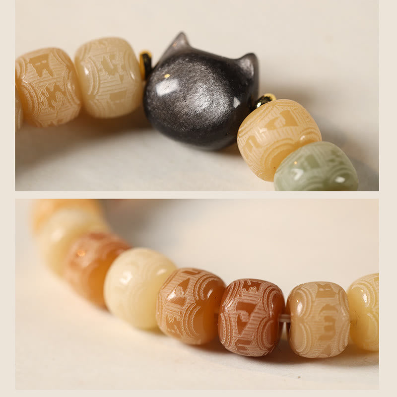 KarmaRipple's Bodhi Seed Silver Sheen Obsidian Cat Head Om Mani Padme Hum Engraved Balance Bracelet p5