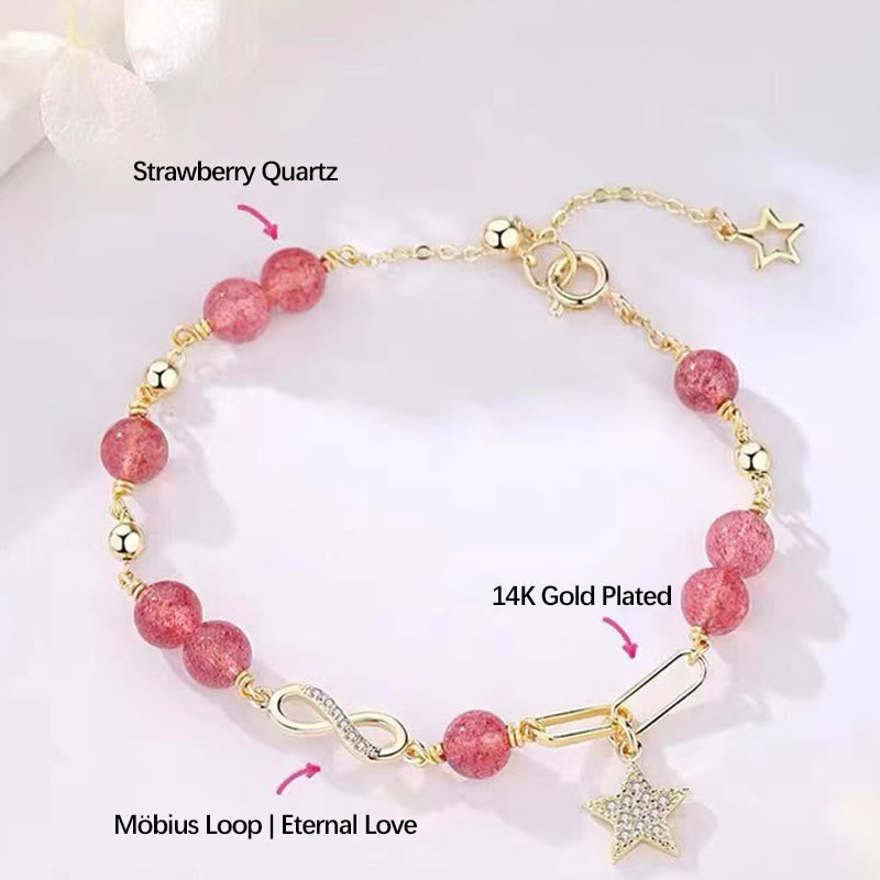 KarmaRipple's 14K Gold Plated Authentic Strawberry Quartz Moonstone M?bius Loop Eternal Love Star Positive Bracelet p3
