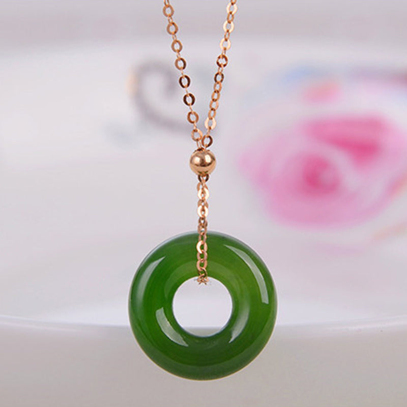 KarmaRipple's Round Cyan Jade Balancing 14K Gold Pendant Necklace p3