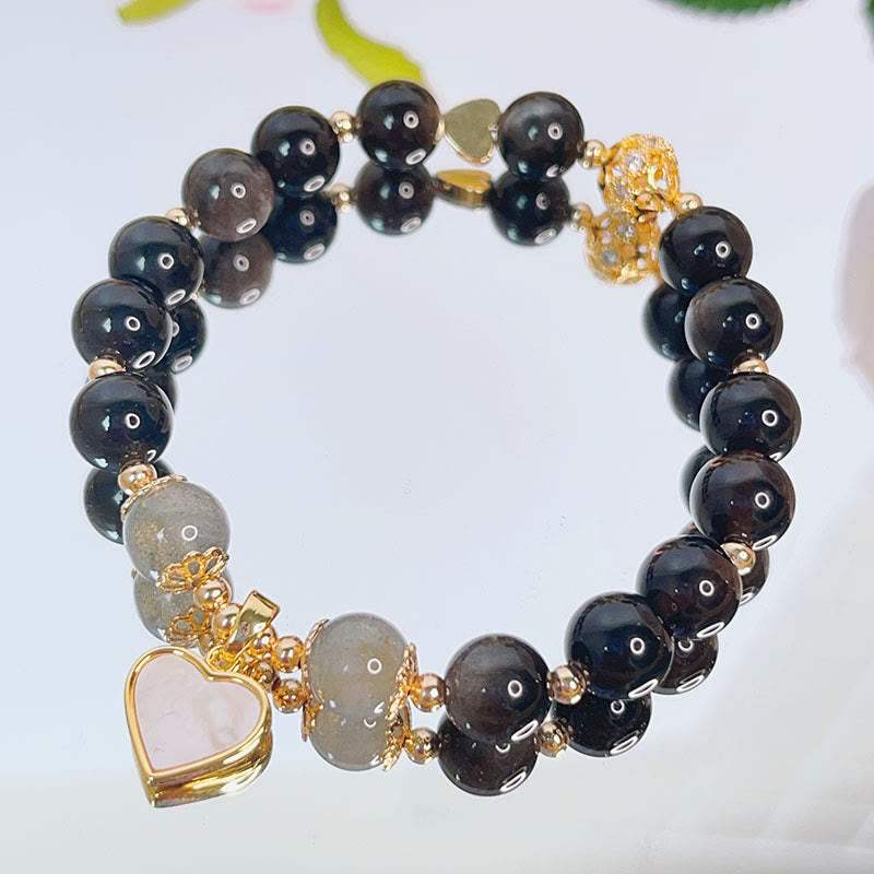 KarmaRipple's Authentic Silver Sheen Obsidian Love Heart Star Flower Protection Bracelet ( p1