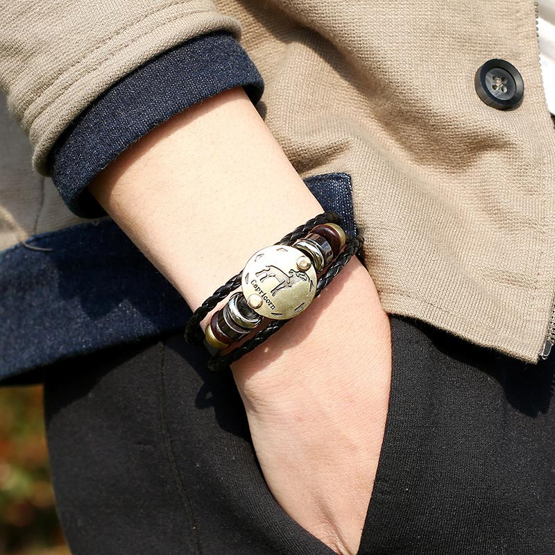 KarmaRipple's 12 Constellations of the Zodiac Hematite Leather Talisman Bracelet ( p8