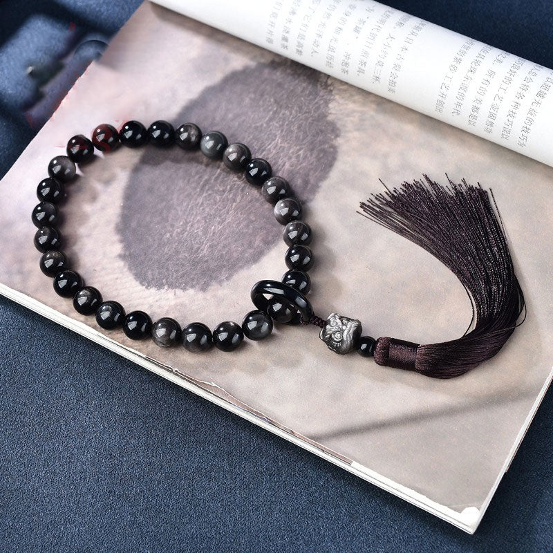 KarmaRipple's Authentic Silver Sheen Obsidian Lion Wrist Mala Protection Tassels Pocket Mala Car Decoration p3