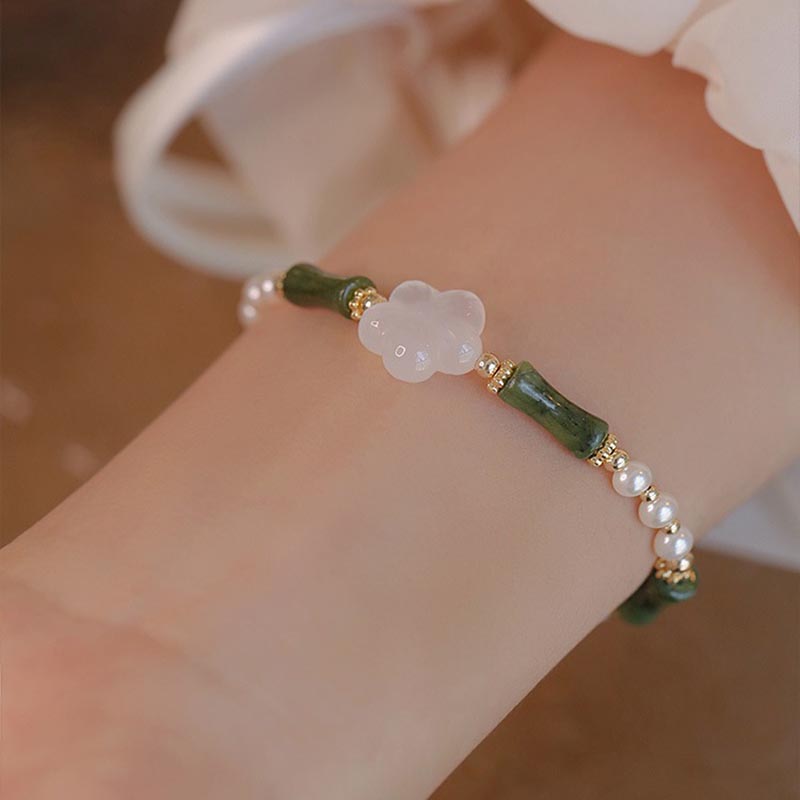KarmaRipple's Peridot Bamboo Flower Agate Pearl Peace Bracelet p5