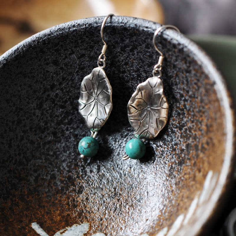 KarmaRipple's 925 Sterling Silver Turquoise Lotus Leaf Protection Drop Dangle Earrings p8