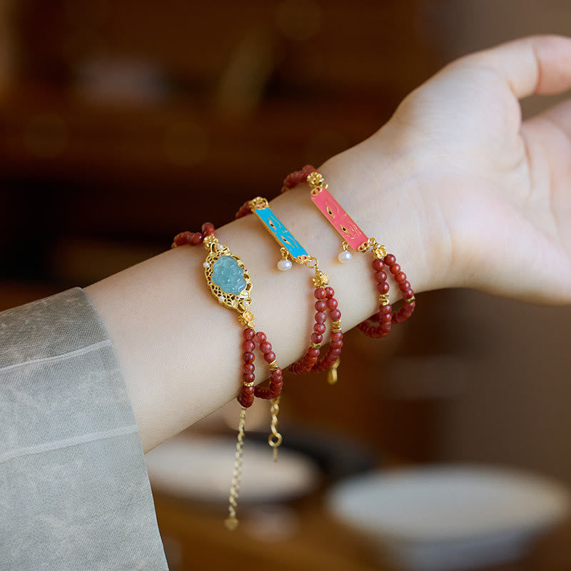 KarmaRipple's 925 Sterling Silver Plated Gold Authentic Red Agate Lotus Jade Calm Double Layer Bracelet p5