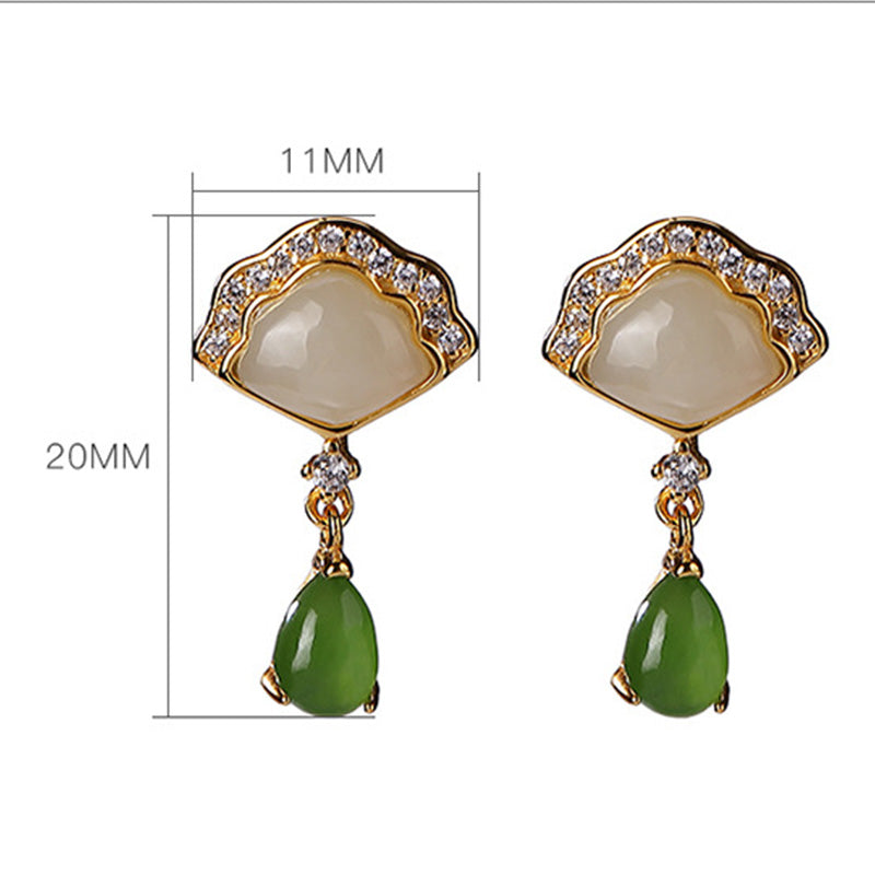 KarmaRipple's Ivory Jade Cyan Jade Fan Water Drop Pattern Fortune Drop Earrings p9