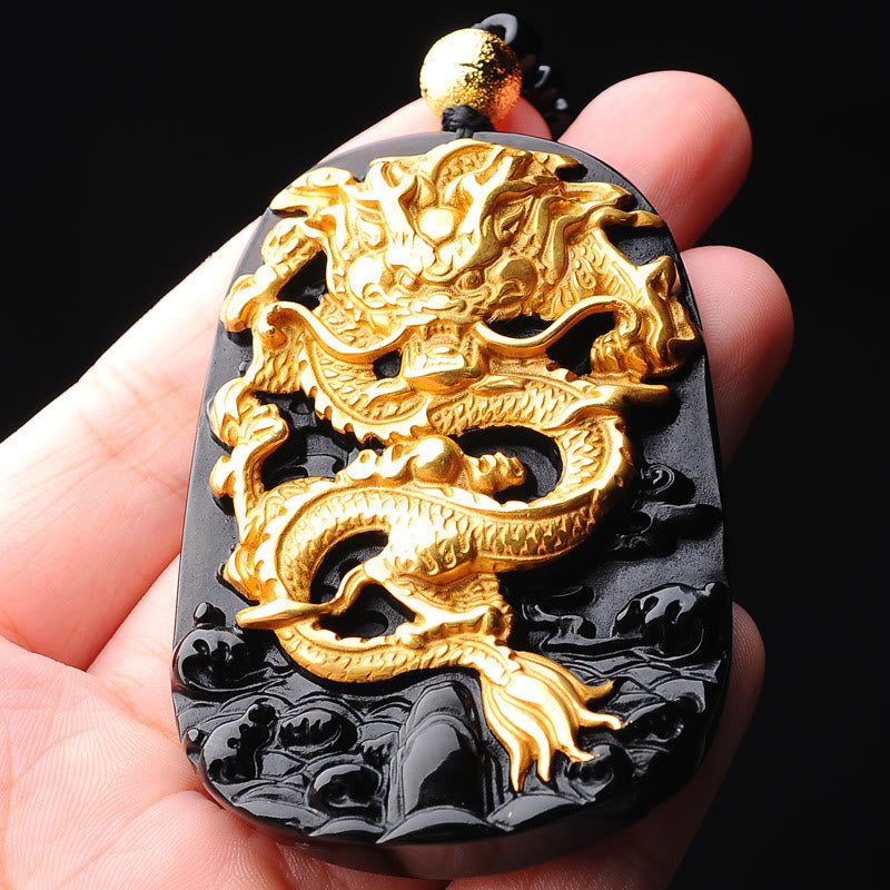 KarmaRipple's 18k Gold-plated Dragon Obsidian Fortunate Necklace Pendant p3