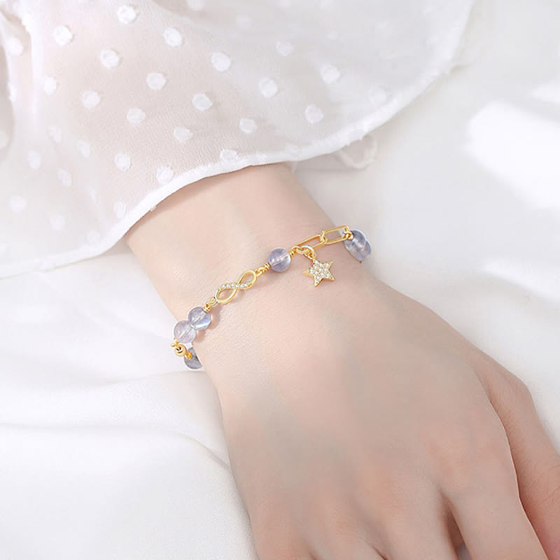 KarmaRipple's 14K Gold Plated Authentic Strawberry Quartz Moonstone M?bius Loop Eternal Love Star Positive Bracelet p11