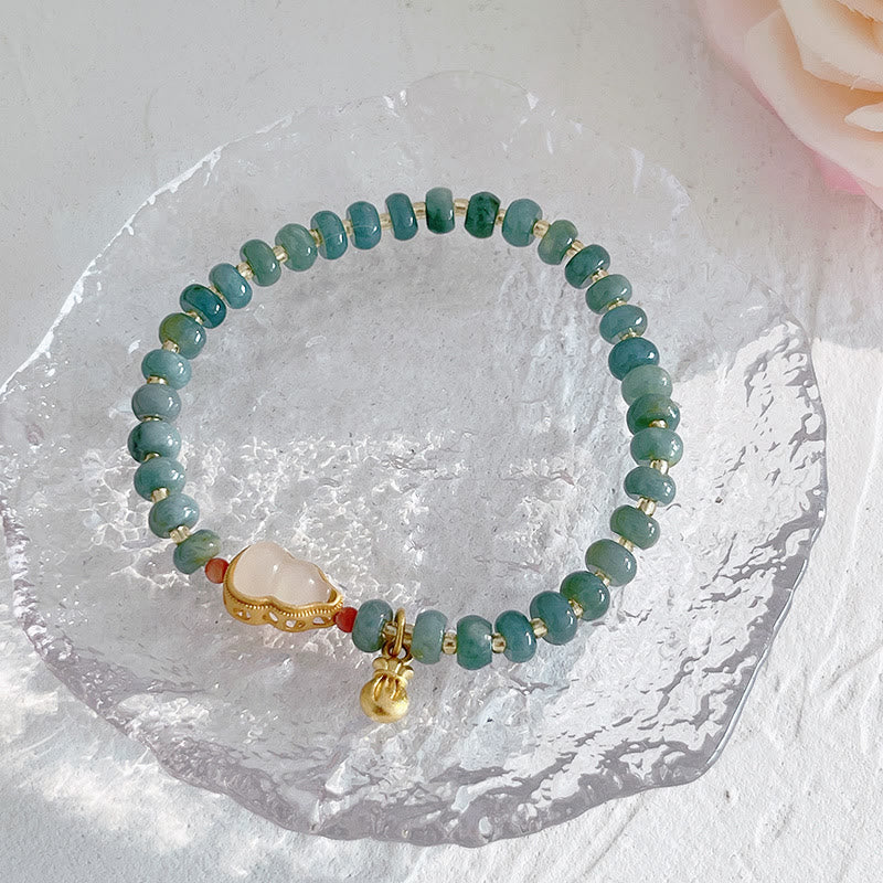 KarmaRipple's Authentic Hetian Jade Pearl Peace Buckle Fu Character Gourd Money Bag Strawberry Quartz PiXiu Fortune Bracelet p9