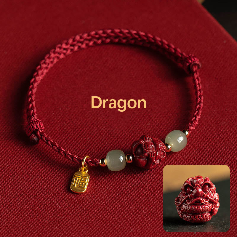 KarmaRipple's Authentic Cinnabar Chinese Zodiac Hetian Jade Fu Character Fortune Rope Bracelet p5