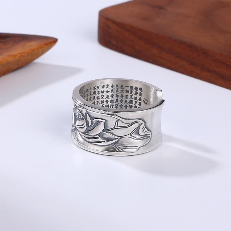 KarmaRipple's 999 Sterling Silver Lotus Flower Heart Sutra Protection Ring p6