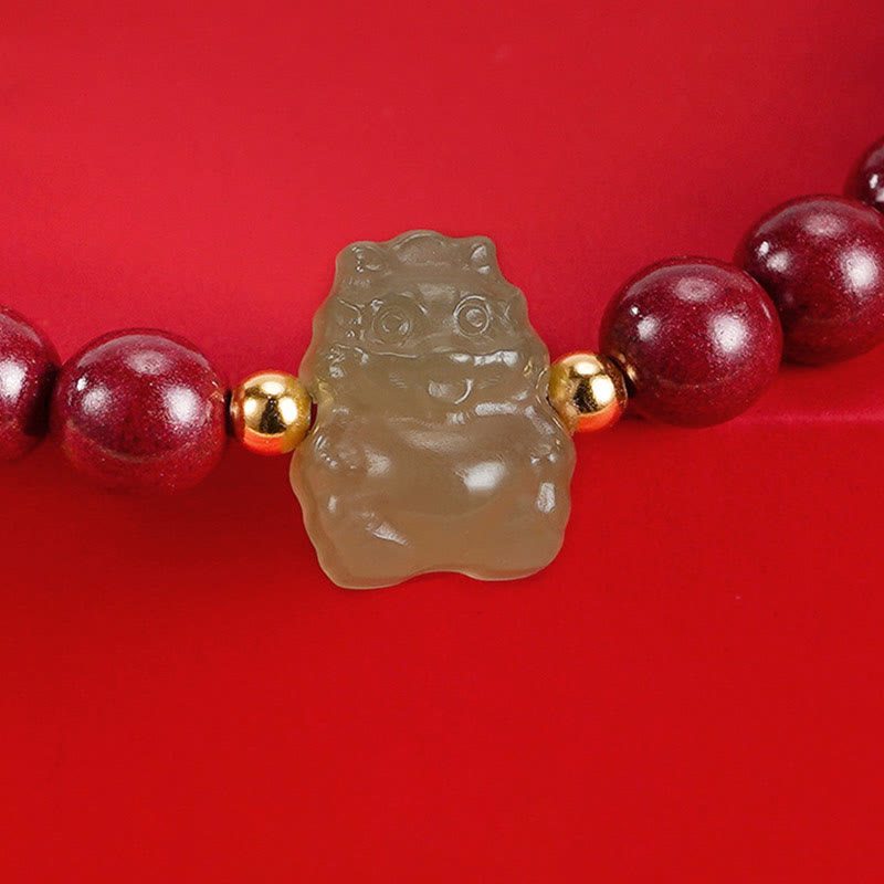 KarmaRipple's 925 Sterling Silver Year of the Dragon Authentic Cinnabar Hetian Jade Dragon Fu Character Ruyi As one'shes Talisman Blessing Bracelet ( p9