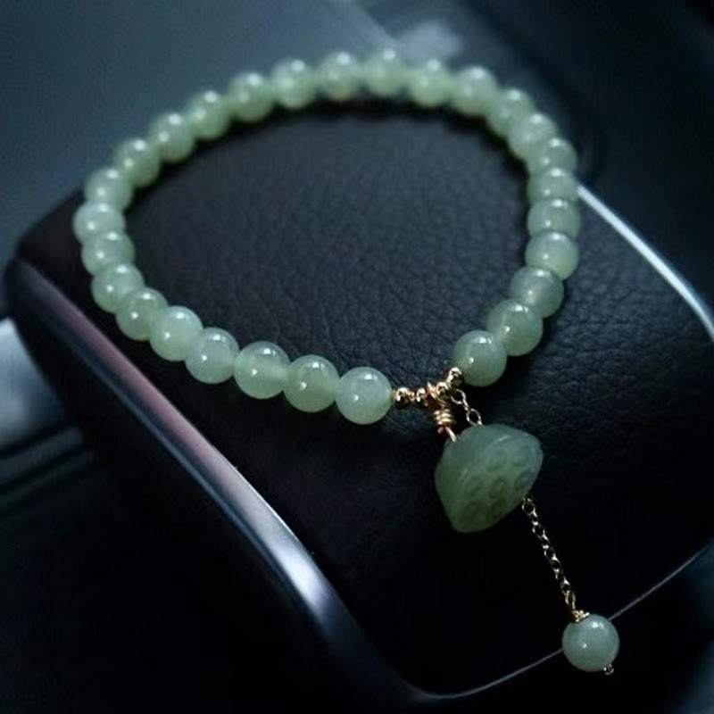 KarmaRipple's 925 Sterling Silver Plated Gold Authentic Hetian Jade Bead Gourd Lotus Bamboo Fu Character Fortune Bracelet p7