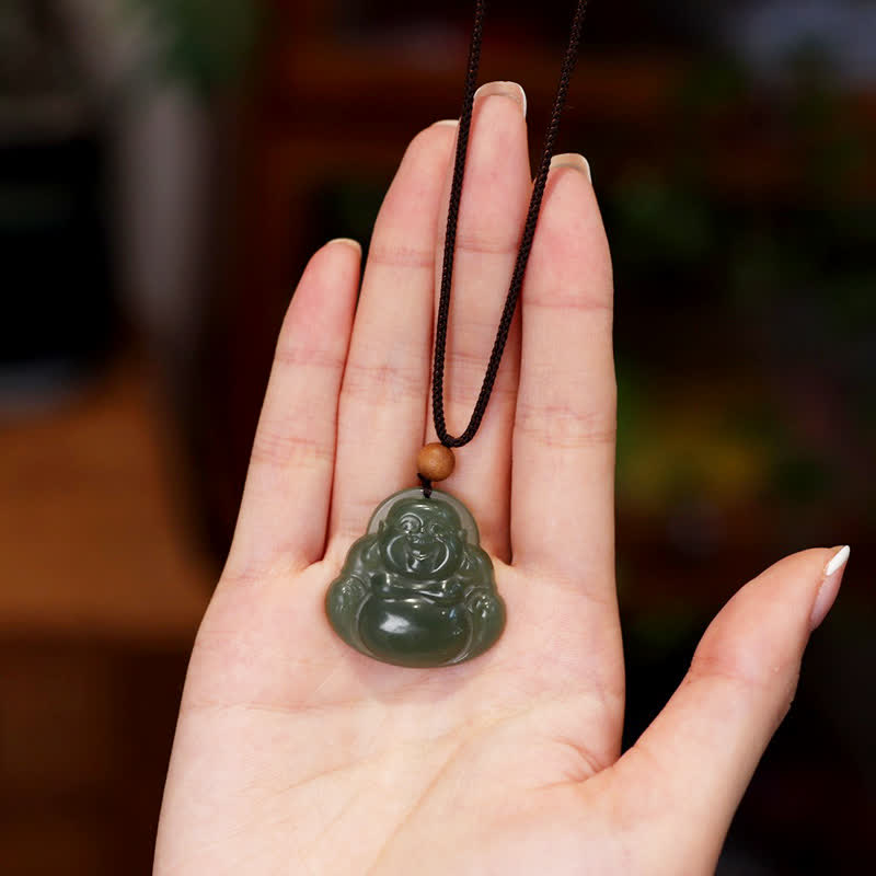 KarmaRipple's Laughing Buddha Hetian Jade Balancing Calm Pendant String Necklace p2