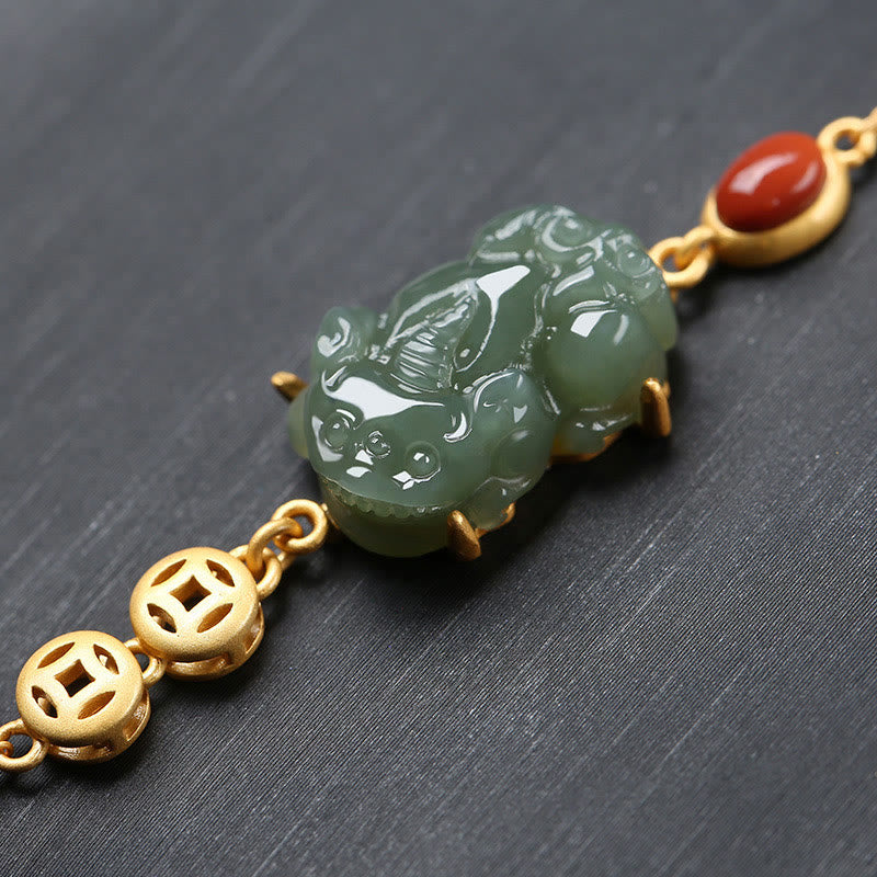 KarmaRipple's Cyan Jade PiXiu Bronze Coin Red Agate Success Chain Bracelet p3