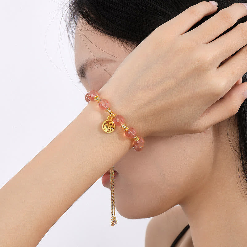 KarmaRipple's 14K Gold Plated Authentic Strawberry Quartz Fu Character Positive Talisman Bracelet p7