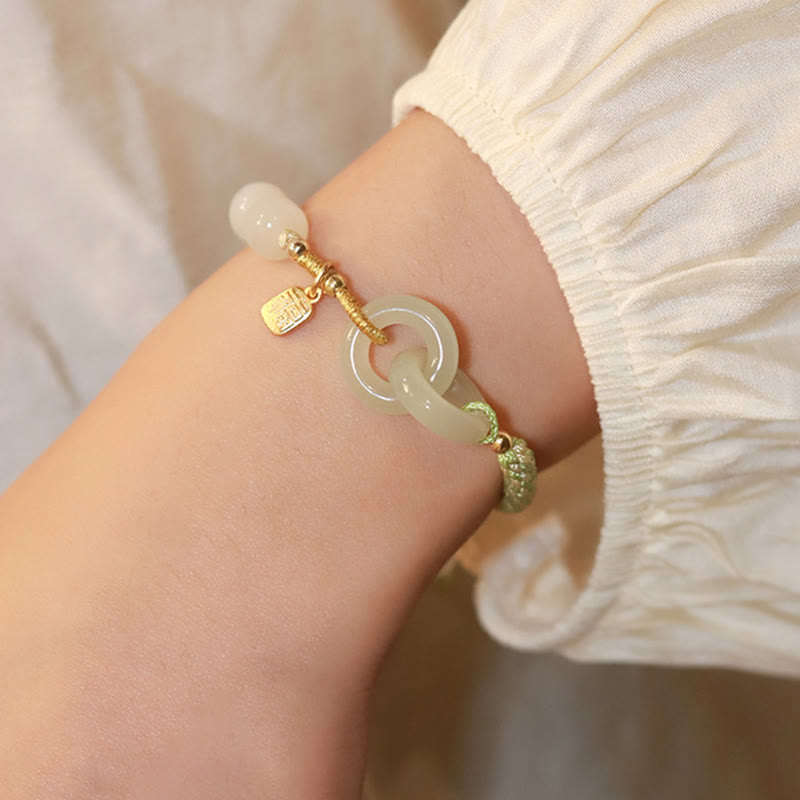 KarmaRipple's Authentic Hetian Jade Bead Double Peace Buckle Fu Character Abundance Woven Bracelet p21