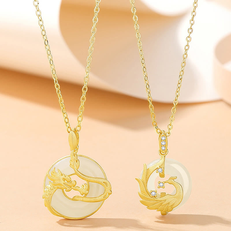 KarmaRipple's 925 Sterling Silver Year of the Dragon Hetian Jade Golden Dragon Phoenix Peace Buckle Fortune Pendant Necklace p6