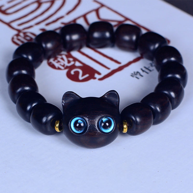 KarmaRipple's Ebony Wood Liuli Glass Lovely Cat Peace Balance Bracelet p22
