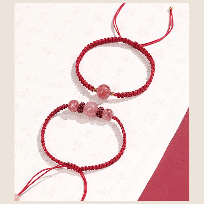 KarmaRipple's Authentic Strawberry Quartz Gemstone Love Red String Weave Bracelet Anklet ( p17