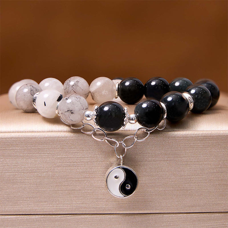 KarmaRipple's Silver Sheen Obsidian Crackle Clear Quartz Black Rutilated Quartz Yin Yang Lotus Protection Bracelet p15