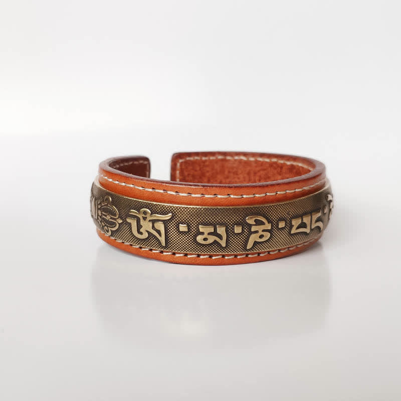 KarmaRipple's 2Pcs Om Mani Padme Hum Dragon Phoenix Bronze Leather Peace Cuff Bracelet Bangle p22