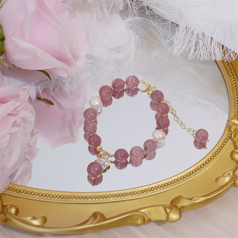 KarmaRipple's Authentic Strawberry Quartz Pearl Four Leaf Clover Love Bracelet p4