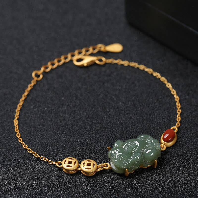 KarmaRipple's Cyan Jade PiXiu Bronze Coin Red Agate Success Chain Bracelet p1