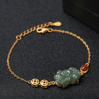 KarmaRipple's Cyan Jade PiXiu Bronze Coin Red Agate Success Chain Bracelet