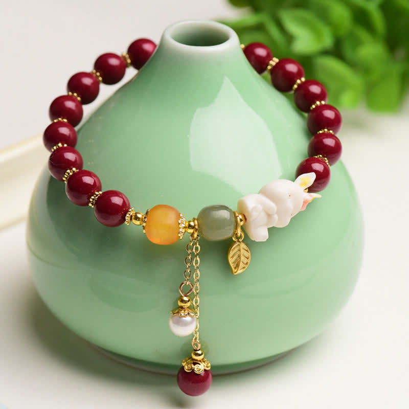 KarmaRipple's Year of the Rabbit Cinnabar Hetian Jade Bunny Beaded Blessing Bracelet p1