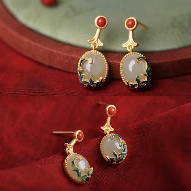 KarmaRipple's Vintage Jade Red Agate Abundance Bronze Drop Earrings p6